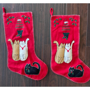 Vintage Felt Christmas Stockings Cats Applique Folk Art Style Pair Red